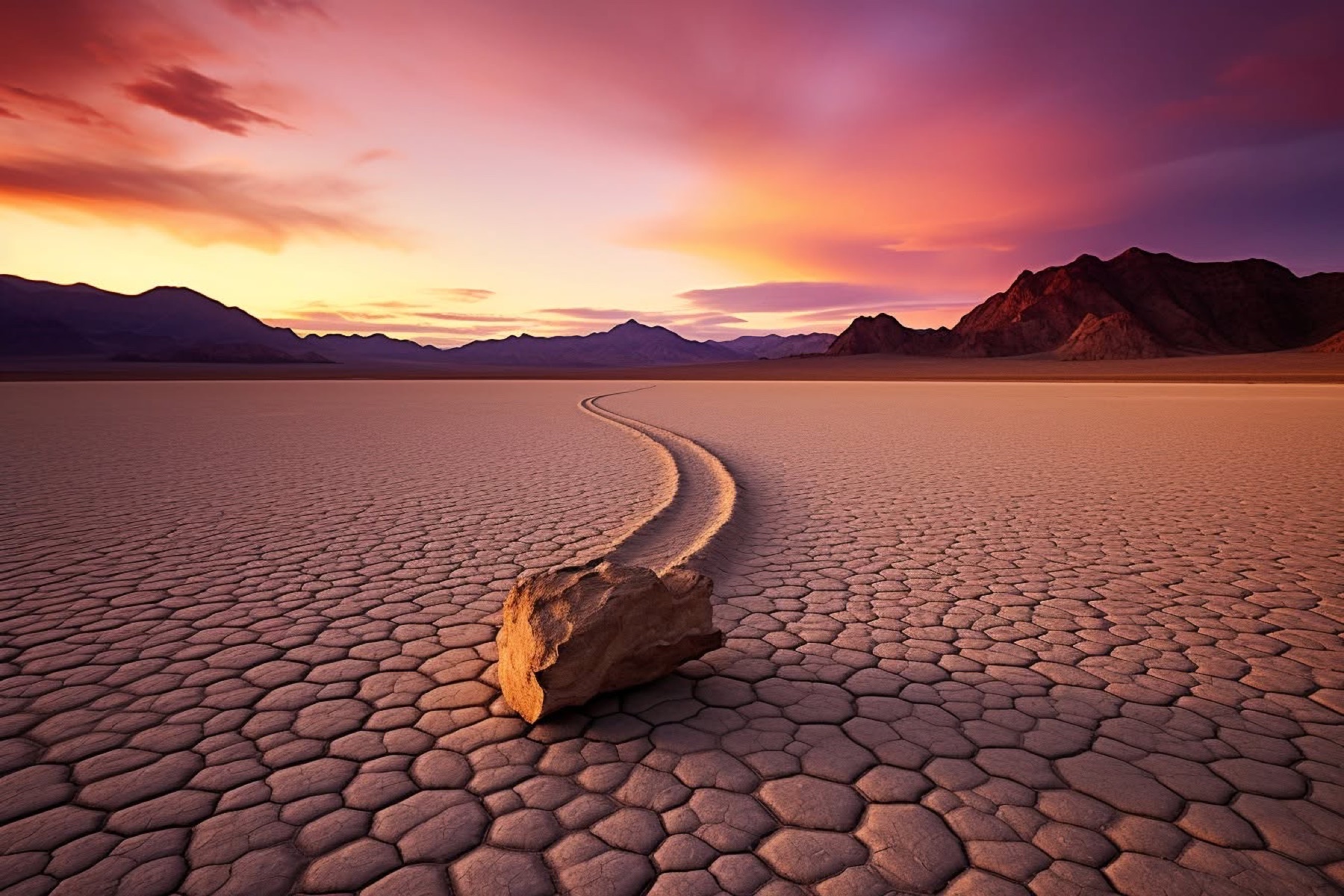 A moving rock and its long trail crossing a violet desert playa at sunset
